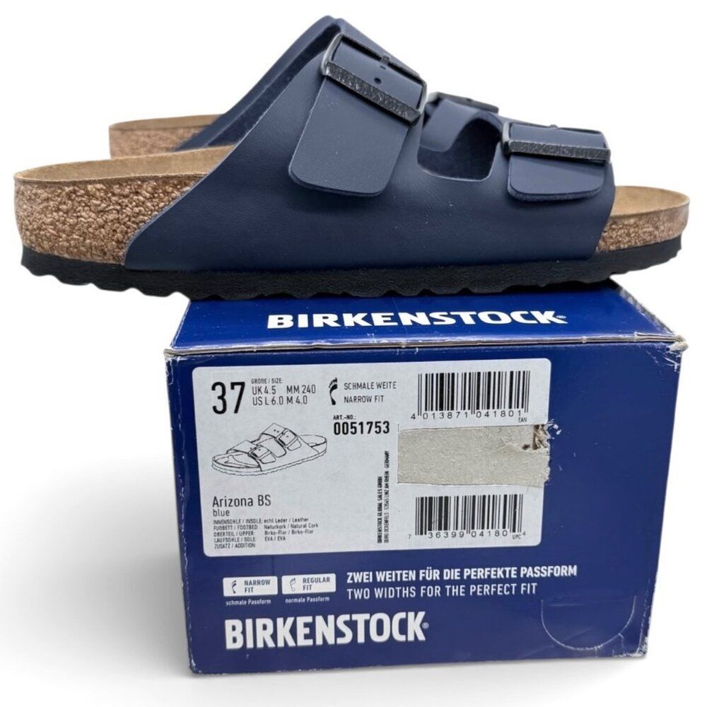 Birkenstock Arizona Navy Sandals EU 37 Two Strap Slide Slip-On Cork Footbed - Picture 11 of 12